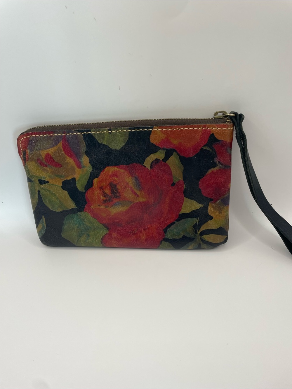 Patricia Nash Black Floral Zip Wristlet with Red Rose Print